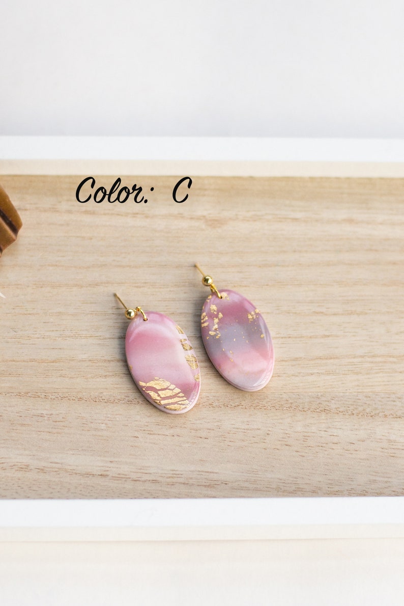 Marbled Clay Earrings Oval Earrings Gold Leaf Polymer Clay Earrings Gold Plated Pink Earrings Lavender Earrings Grey 画像 6