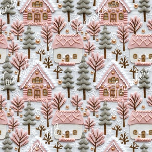 May include: A seamless pattern featuring pink and white gingerbread houses with gold accents, surrounded by silver and gold trees and ornaments on a white background.