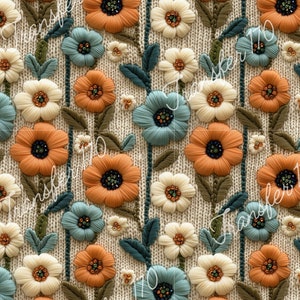 May include: A seamless pattern of embroidered flowers on a beige knitted fabric. The flowers are in shades of orange, white, and blue, with a variety of textures and details.