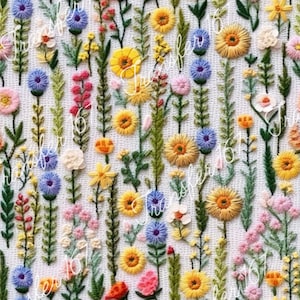 Puede incluir: Diseño floral bordado con una variedad de flores coloridas, incluyendo flores amarillas, rosas, azules y naranjas, sobre un fondo blanco. El bordado muestra puntadas detalladas y una apariencia texturizada, creando un patrón botánico vibrante y detallado.