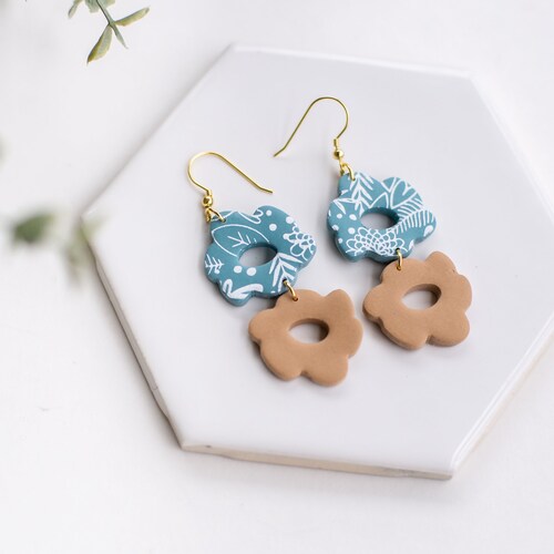 Green and Tan shops Floral Earrings for Spring | Earrings for Spring | Flower Earrings Clay | Floral Earrings | Gold Plated Hypoallergenic