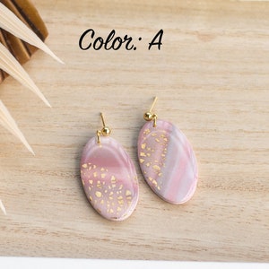 Marbled Clay Earrings Oval Earrings Gold Leaf Polymer Clay Earrings Gold Plated Pink Earrings Lavender Earrings Grey image 4