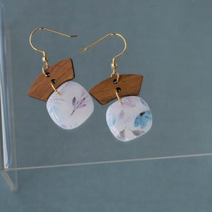 Handmade Clay and Wood Earrings Real Gold Plated Hypoallergenic Watercolor Floral Clay Earrings Translucent Earrings Lightweight image 2