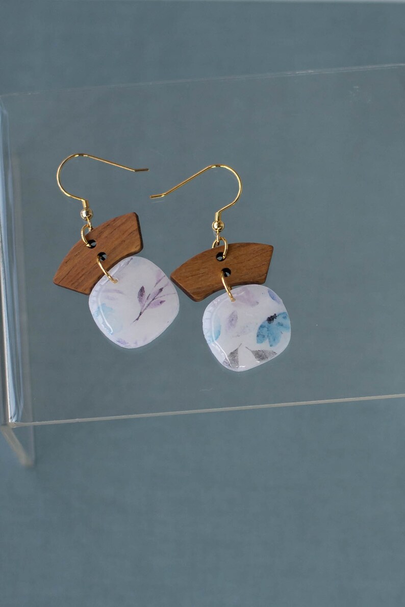 Handmade Clay and Wood Earrings Real Gold Plated Hypoallergenic Watercolor Floral Clay Earrings Translucent Earrings Lightweight image 2