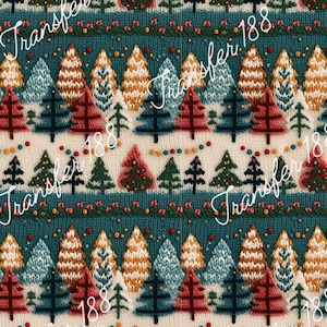 May include: A seamless pattern featuring a knitted design of Christmas trees in various colors, including red, green, blue, and yellow. The trees are decorated with white and gold ornaments. The background is a cream color.