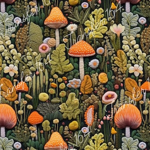 May include: A seamless pattern featuring embroidered mushrooms, flowers, and leaves in shades of green, orange, yellow, and white on a dark background.