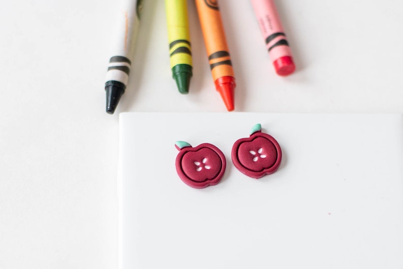 Apple Stud Earrings Teacher Appreciation Gift Clay Earrings Handmade Silver Plated Surgical Steel Hypoallergenic Apple Earrings image 1