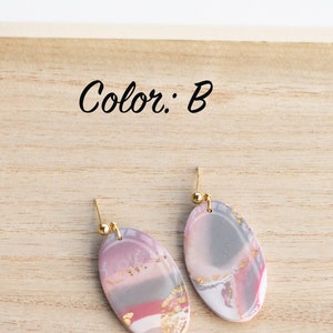 Marbled Clay Earrings Oval Earrings Gold Leaf Polymer Clay Earrings Gold Plated Pink Earrings Lavender Earrings Grey image 5