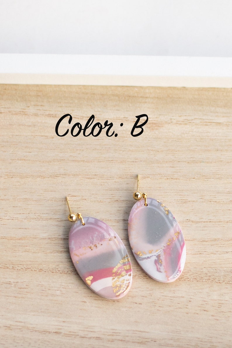 Marbled Clay Earrings Oval Earrings Gold Leaf Polymer Clay Earrings Gold Plated Pink Earrings Lavender Earrings Grey 画像 5