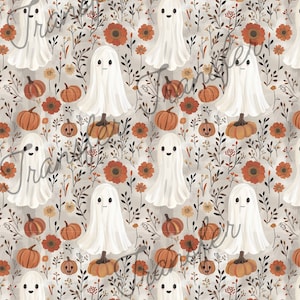 May include: A seamless pattern featuring white ghosts with friendly faces, pumpkins, and orange and brown flowers on a light gray background.