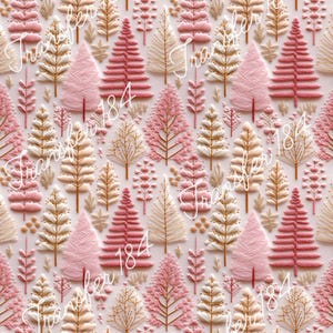May include: A seamless pattern featuring pink and gold trees on a white background. The trees are stylized and have a textured appearance, resembling embroidery.