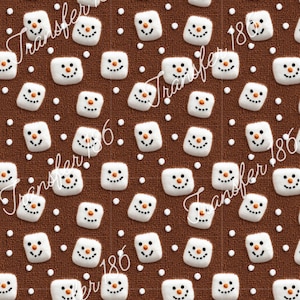 Puede incluir: Patrón repetido de muñecos de nieve cuadrados blancos con sonrisas negras y narices naranjas sobre un fondo marrón. Pequeños puntos blancos están dispersos por todo el diseño. El texto "Transfer 186" está superpuesto en la imagen.