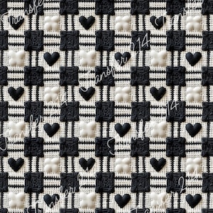 May include: A black and white checkered pattern with black hearts and white flowers. The pattern is repeated throughout the image.