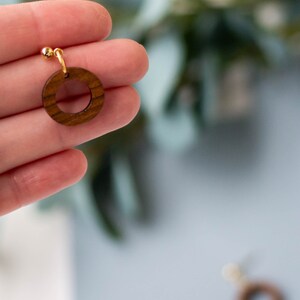 Small Wood Circle Earrings 24K Gold Plated Stainless Steel Hypoallergenic Wood Earrings Sensitive Earrings image 3