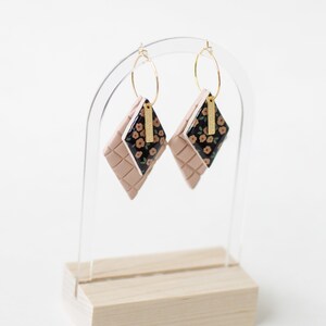 Double Diamond Hoop Earrings Clay Earrings Handmade Floral Print Pink and Black Earrings GOLD or SILVER Quilted Pattern image 2