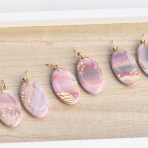Marbled Clay Earrings Oval Earrings Gold Leaf Polymer Clay Earrings Gold Plated Pink Earrings Lavender Earrings Grey 画像 1