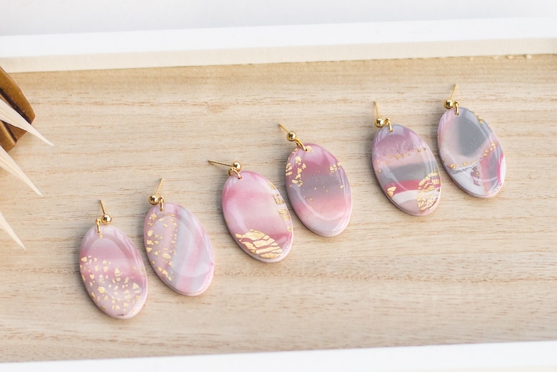 Marbled Clay Earrings Oval Earrings Gold Leaf Polymer Clay Earrings Gold Plated Pink Earrings Lavender Earrings Grey 画像 1