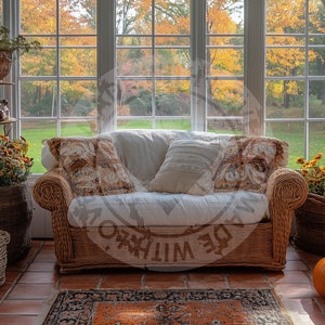 May include: A wicker sofa with white cushions sits in a sunroom with large windows overlooking a fall foliage scene.  Two pumpkins and a basket of yellow flowers are on the floor.