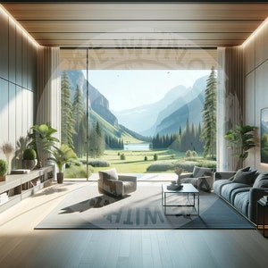 May include: A modern living room with a large window overlooking a mountain valley. The room features a gray sofa, a coffee table, and a large painting on the wall. The room is decorated with plants and has a wooden floor.