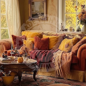 Puede incluir: Una acogedora sala de estar con un gran sofá de terciopelo naranja con varios cojines. El sofá está cubierto con una manta de lana marrón. La habitación tiene una gran ventana con vistas a un paisaje otoñal. Hay una mesa de café frente al sofá, adornada con un libro, una calabaza y otros artículos decorativos. La habitación está decorada con flores y plantas de otoño.