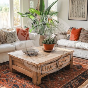 Op de afbeelding: Een woonkamer met twee witte banken, een houten salontafel en een tapijt met een patroon. De banken zijn versierd met kussens in tinten oranje, bruin en wit. Een plant in een pot staat op de salontafel.