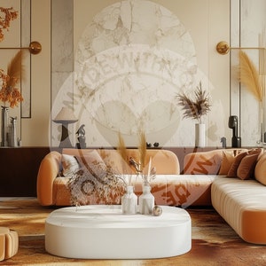 May include: A large, sectional sofa with a light orange fabric upholstery. The sofa has a curved back and a chaise lounge. The sofa is in a living room with a brown coffee table and a rug with a brown and orange pattern.