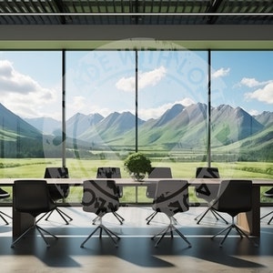 Pode incluir: Uma sala de conferências moderna com uma grande janela com vista para um vale com montanhas ao longe. Uma longa mesa de madeira com cadeiras pretas fica no centro da sala.