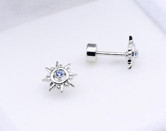 Silver Sun Stud Earrings | Celestial Sun Jewelry | CZ 316L Stainless Steel Flatback Studs | Minimal Spiritual Earrings | Sun Lover Gift