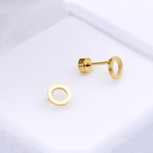 Gold Circle Flatback Stud Earrings | Minimalist Screw Back Studs | 18K Gold Plated Stainless Steel | Everyday Clean Girl Jewelry