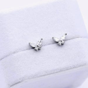 Tiny Silver Butterfly Flat Back Earrings | 316L Stainless Steel Screw Back Studs | Zircon Minimalist Elegant | Pure Fairycore Jewelry