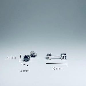 May include: Two pairs of silver stud earrings. One pair features a black gemstone, 4 mm in size. The other pair is 16 mm long. The earrings are displayed on a white surface.