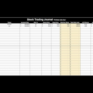 以下が含まれることがあります： 黒い背景と白いグリッドの株式取引ジャーナル。タイトル「Stock Trading Journal」が上部にあります。列には、日付、時間、ティッカー、口座サイズ、リスク％、エントリー価格、ストップ価格、1株あたりのリスク、リスク総額、株式数、実際の出口、方向が含まれます。