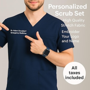 Personalized Scrub Set with Embroidered Name  Logo | Custom Medical Uniform | Stretch Fabric Hospital Scrubs for Doctors  Nurses