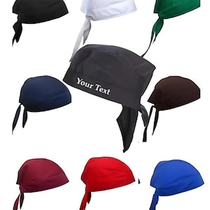May include: Assortment of ten plain and solid color bandana headwraps in various colors, including black, white, green, navy blue, brown, red, and blue. One bandana has the text "Your Text" embroidered on it.