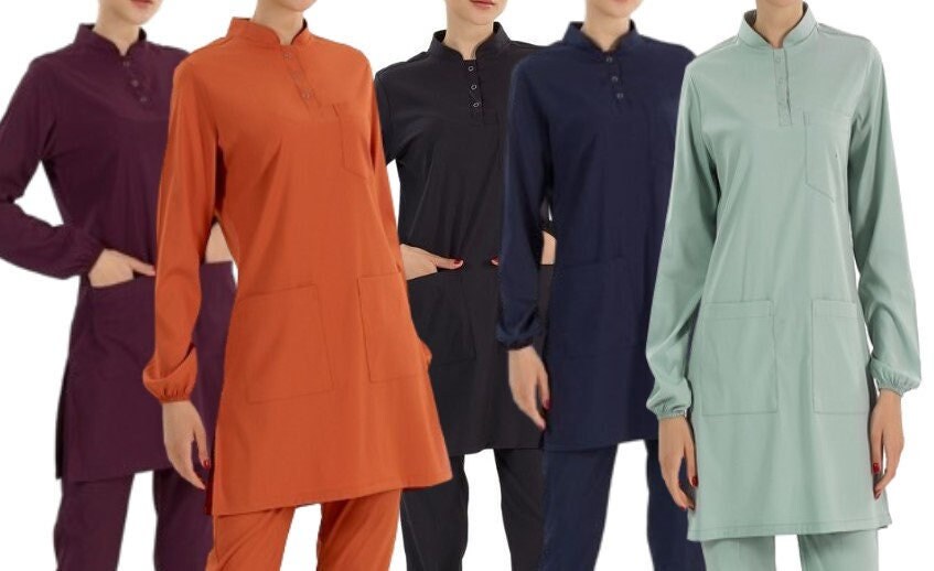 Muslim Scrubs Uniform,4 Way Stretch  Nurse Uniform, Dentist Doctor Medical Health Uniform,, rubber sleeve