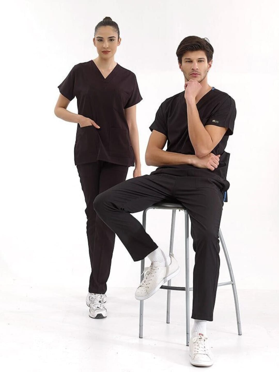 Black Personalized Scrub Set,high Quality Lycra Stretch Fabric