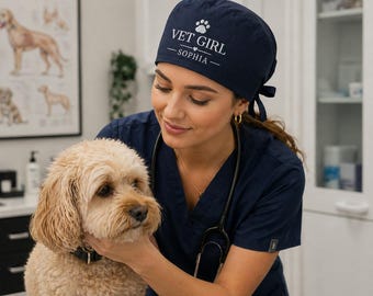 Vet Girl Scrub Cap Personalized, Veterinarian Hat Custom Name, Vet Tech Gift, Embroidered Surgical Cap, Nurse Doctor Hat