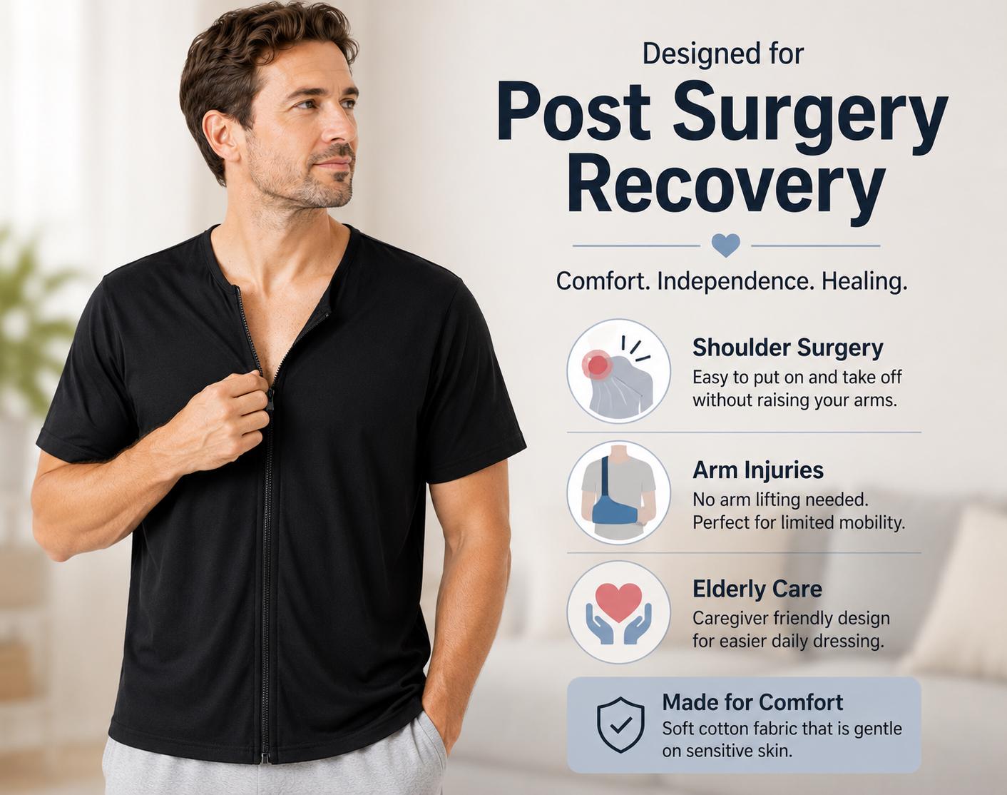 Adaptive Front Zip Recovery Shirt, Post Surgery Clothing, Easy