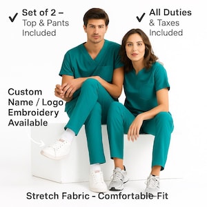 May include: Two people wearing teal medical scrubs. The scrubs include a V-neck top and pants. Text on the image states "Set of 2 - Top & Pants Included", "All Duties & Taxes Included", and "Custom Name / Logo Embroidery Available". The scrubs are made of stretch fabric for a comfortable fit.