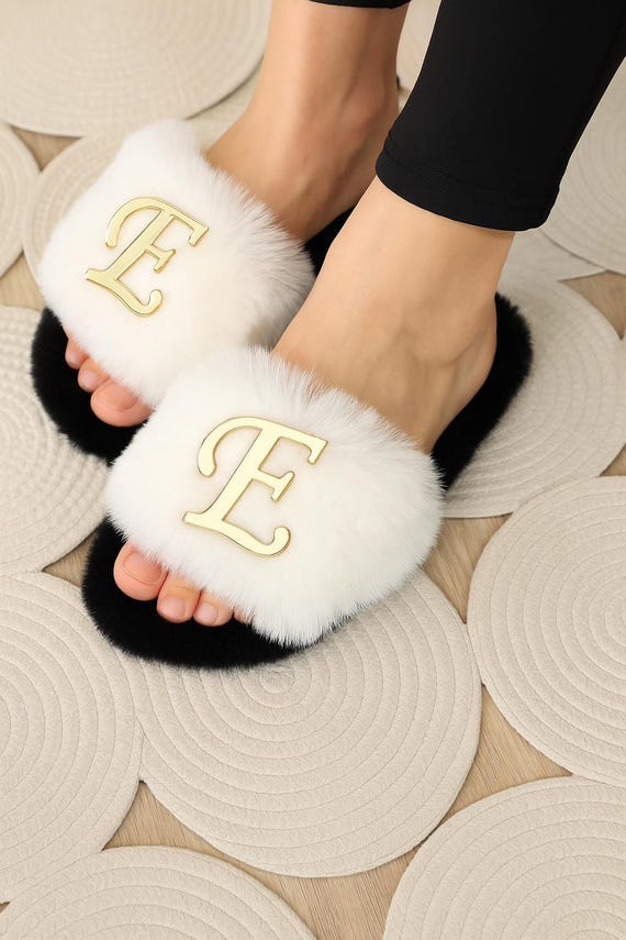 Custom Initial Bridal Slippers, Personalized Faux Fur Slides for