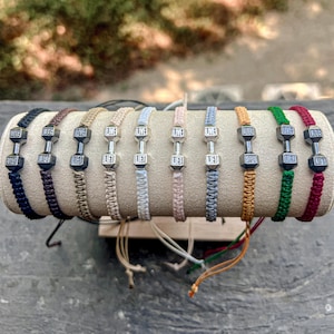 Personalized Dumbbell Bracelet, Waxed Roped, Adjustable. Lifting/Black/Brown/Sliver, handmade braided. Great gift for lifting friends. Gym.