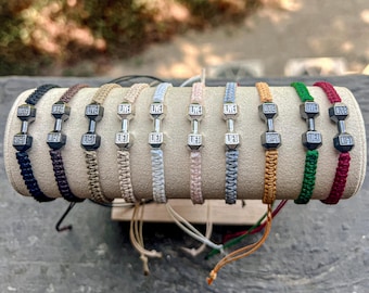 Personalized Dumbbell Bracelet, Waxed Roped, Adjustable. Lifting/Black/Brown/Sliver, handmade braided. Great gift for lifting friends. Gym.