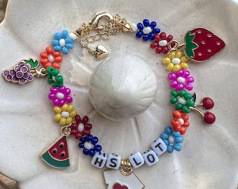 HS bracelet, HS LOT/tpwk Harry, Flower bracelet, rainbow, charms, beaded, elastic string. Gift, personalized, custom