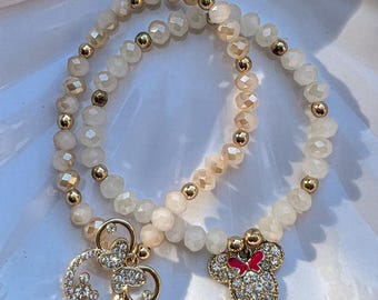 Mouse Charm bracelets. Theme park. Gold filled beads. Stackable. Elastic String. personalized gift.