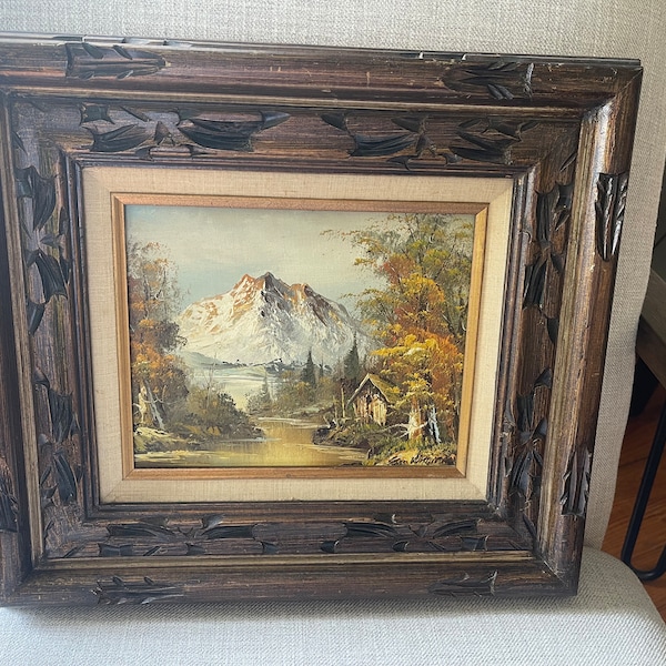 vintage original oil painting in carved wood frame