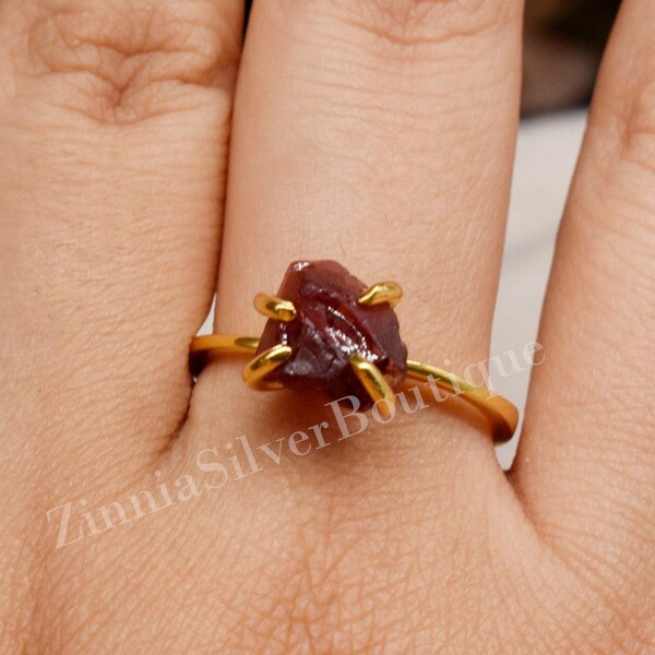 Natural Raw Garnet Ring, Garnet Ring, Gemstone Jewelry, 925 Sterling Silver & 18k Gold Fill, Prong Ring, Simple Plain Ring, Raw Crystal Ring