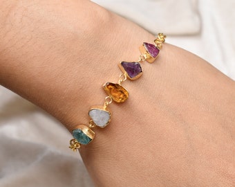 Rough Aquamarine Bracelets, Rough Multi Gemstone Jewelry, Raw Citrine, Raw Rose Quartz, Bohemian Celestial Jewelry, Raw Crystal Bracelets