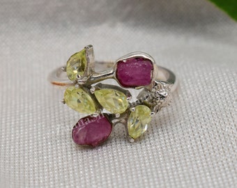 Raw Ruby Ring, Pear Peridot Ring  Women Raw Crystal Ring, Raw Multi Stone Ring, Red Ruby Delicate Gift Ring, Statement Ring, Birthstone Ring