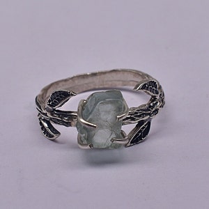 Leaf Aquamarine Ring, Raw Aquamarine Ring, Gemstone Jewelry, 925 Sterling Silver Ring, Organic Oxidized Ring, Raw Stone Ring, Gift For Her