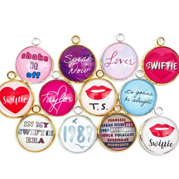 Swiftie Charms - I Love Taylor, My Swiftie Era, Shake It Off, Lover, 1989 - Wholesale Bulk Designer Glass Charms for Jewelry Making - 20mm